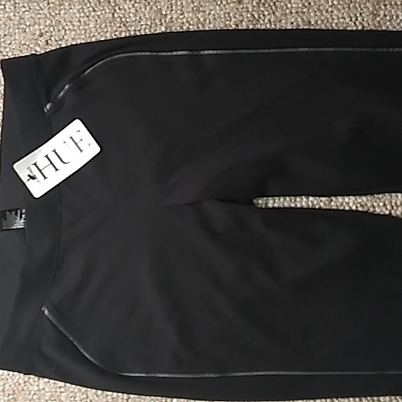 Women's Hue Ponte Black Leggings with Faux Leather Pipping - Sz M - Picture 2 of 8